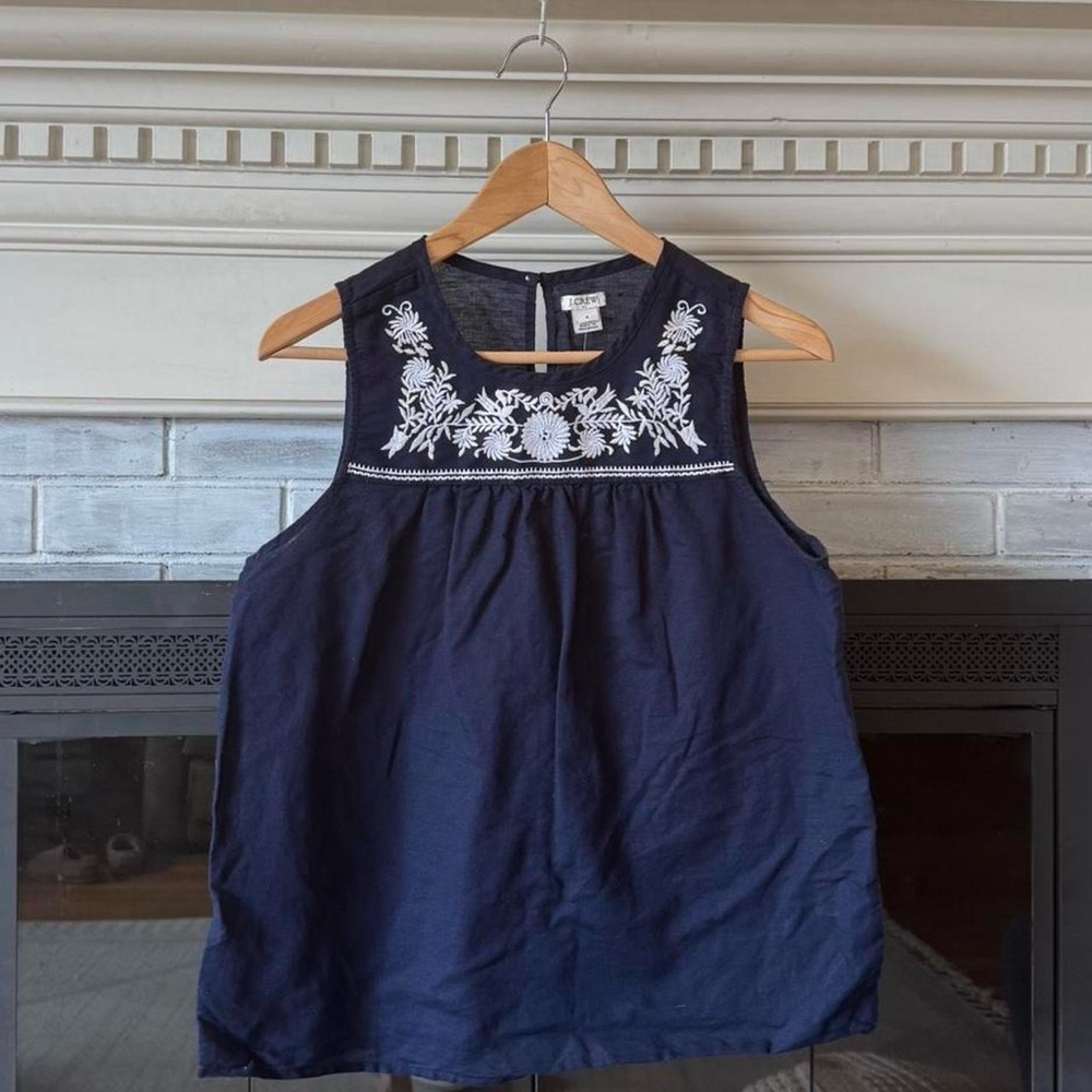 J.Crew Linen Embroidered Tank Navy Boho Coastal Top Size 6 NWOT - Picture 2 of 9